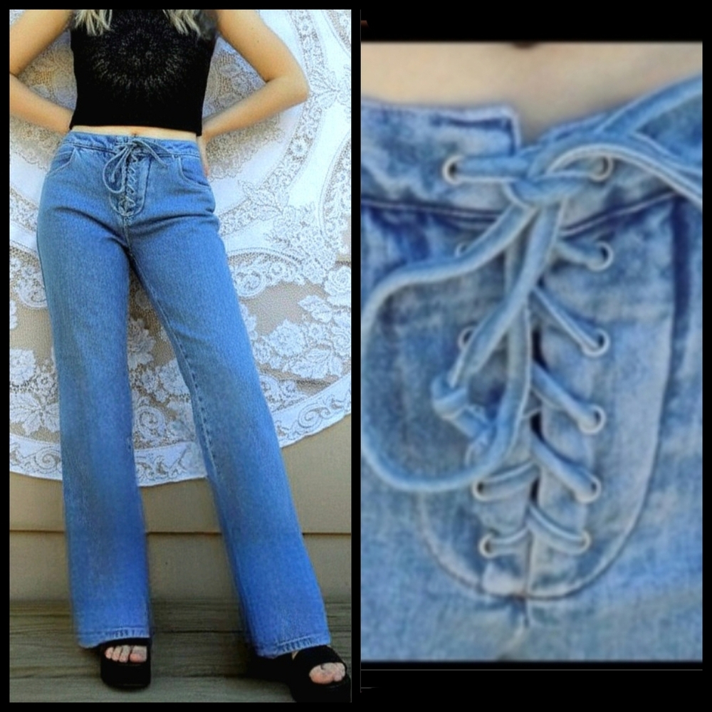 Vtg 90s Y2K Newport News jeanology acid wash lace up corset boho flared jeans 8